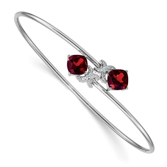 14k White Gold .03ct Diamond and Garnet Flexible Bangle