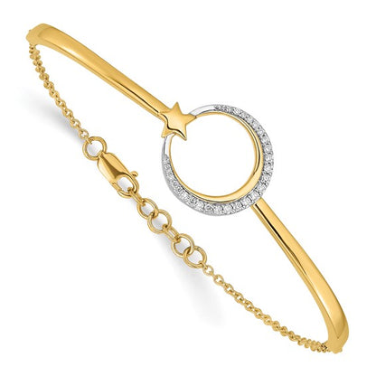 14k Polished Moon and Star Diamond 7in with .5in ext Bracelet