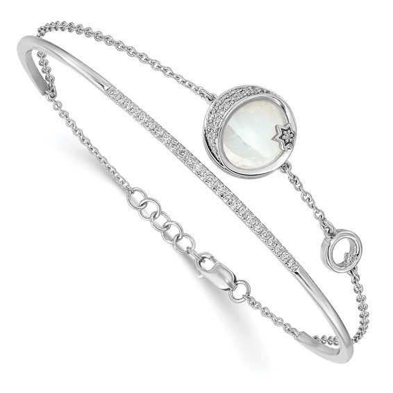 14k White Gold Dia. and Moonstone Moon and Star 7in with .5in ext Bracelet