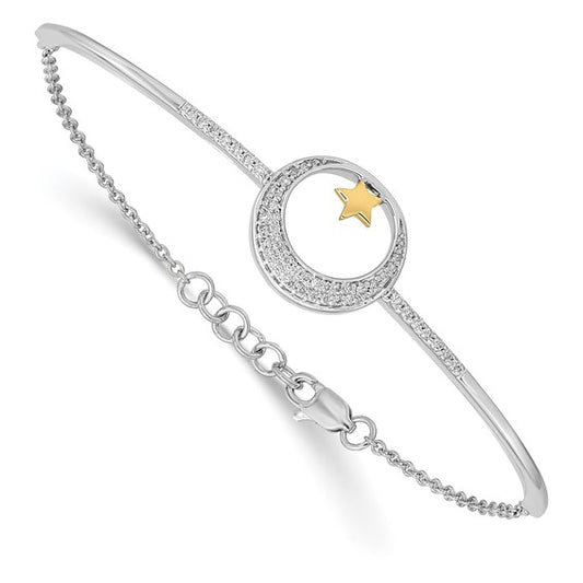 14k Two-tone Polish Moon with Star Diamond 7in with .5in ext Bracelet