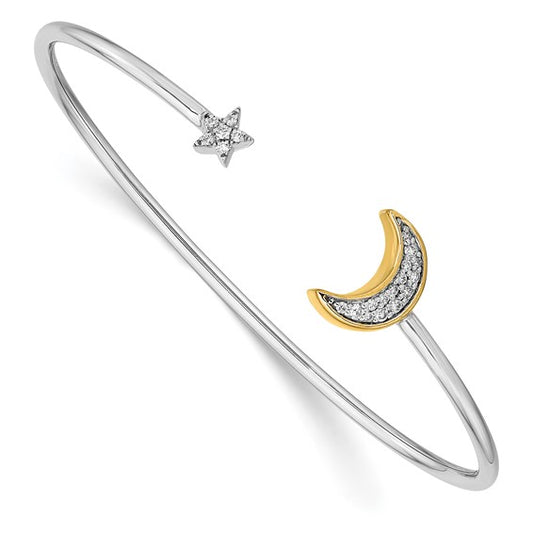 14k Two-tone Moon with Star Diamond Cuff Bangle