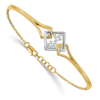 14k Two-tone Fancy Square Diamond Bar 7in with .5in ext Bracelet