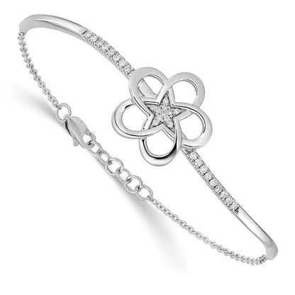 14k White Gold Polished Diamond Flower Bar 7in with .5 ext Bracelet