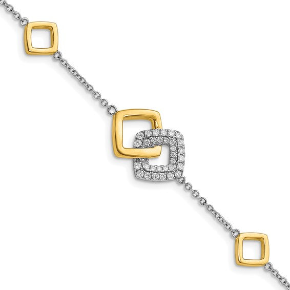 14k Two-tone Polished Diamond Double Square 7in Bracelet