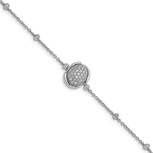 14k White Polished Oval Pave Diamond 7in Bracelet