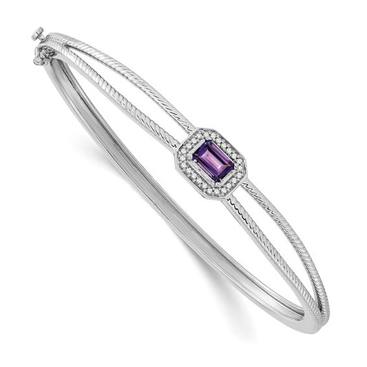 14k White Gold Emerald-shape Amethyst and Diamond Halo Bangle