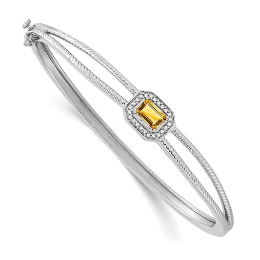 14k White Gold Emerald-shape Citrine and Diamond Halo Bangle