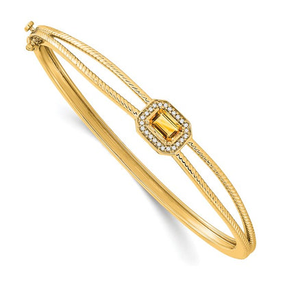 14k Emerald-shape Citrine and Diamond Halo Bangle