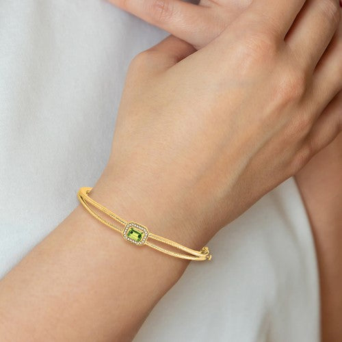 14k Emerald-shape Peridot and Diamond Halo Bangle