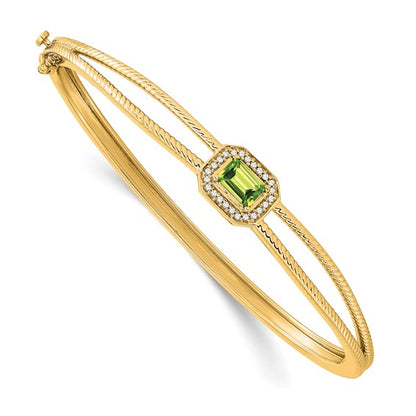 14k Emerald-shape Peridot and Diamond Halo Bangle