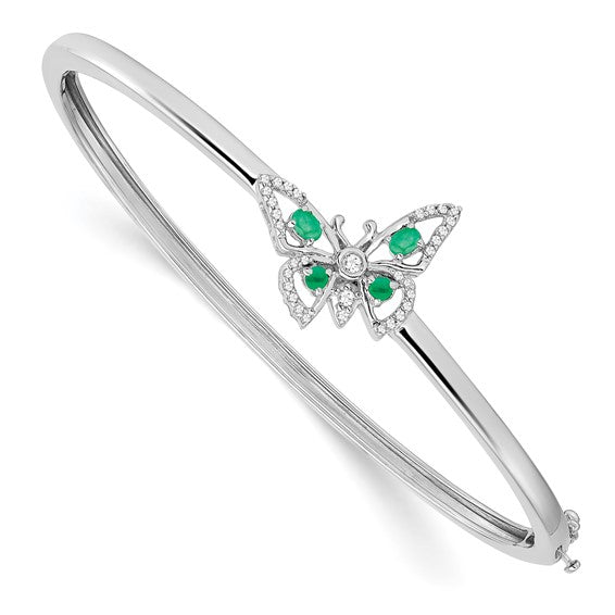 14k White Gold Emerald and Diamond Butterfly Bangle