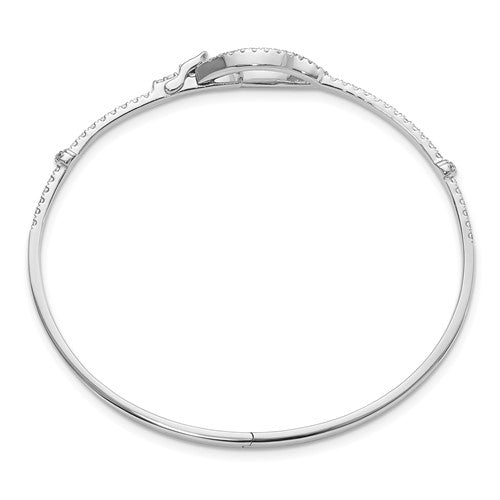 14k White Gold Polished Diamond Oval Buckle Hinged Bangle