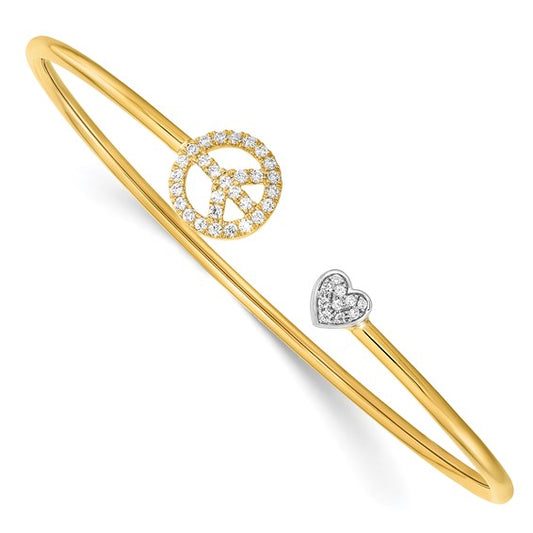 14k Two-tone Diamond Peace and Heart Cuff Bangle