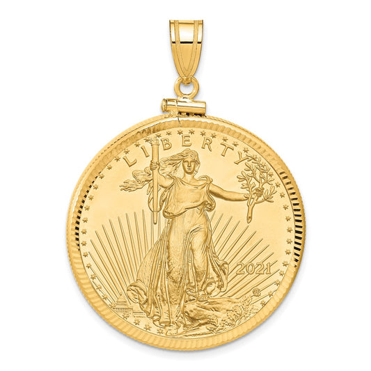14ky 1oz Mounted American Eagle Coin Screw Top Diamond-cut Bezel Pendant