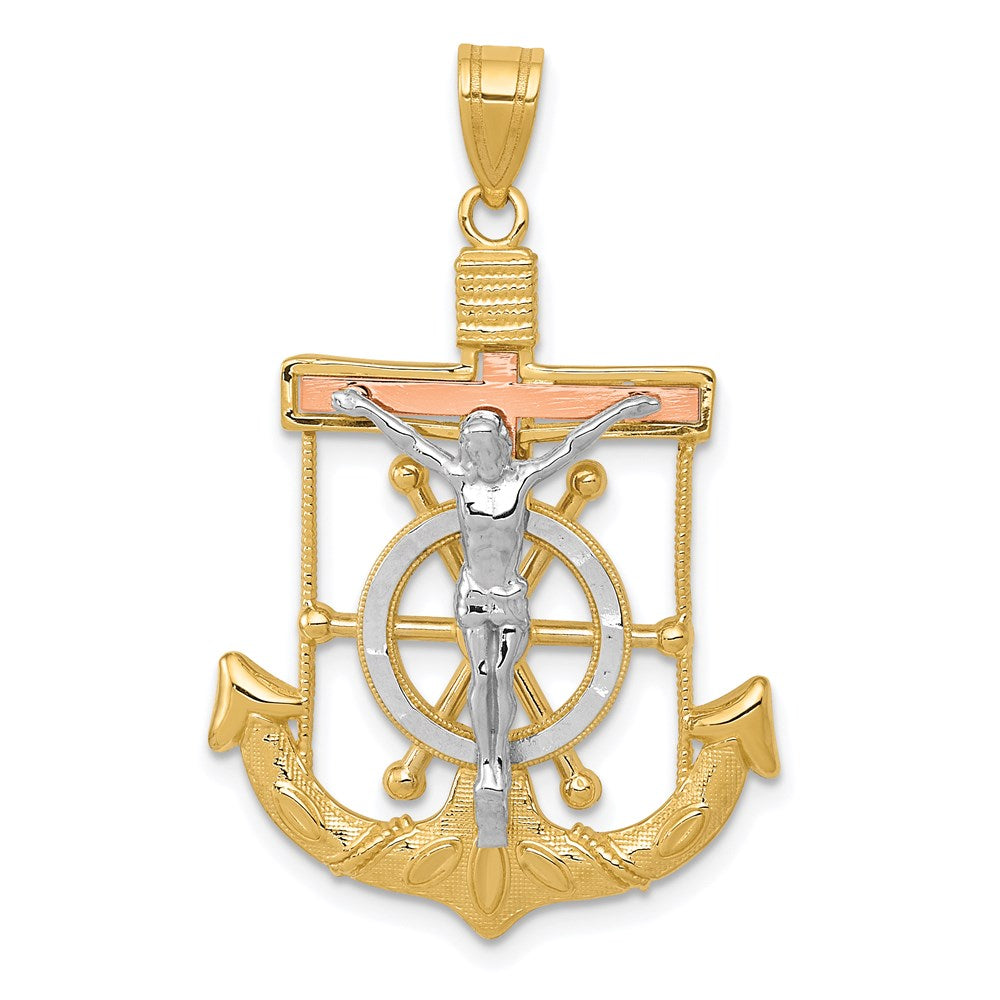 14k Tri-color Diamond-cut w/Textured Mariner's Crucifix Pendant