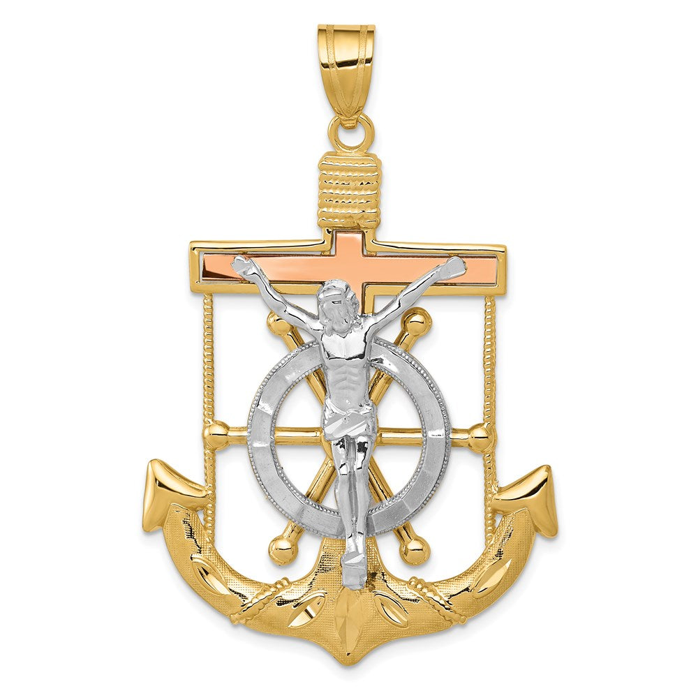 14k Tri-color Diamond-cut w/Textured Mariner's Crucifix Pendant