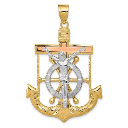 14k Tri-color Diamond-cut w/Textured Mariner's Crucifix Pendant