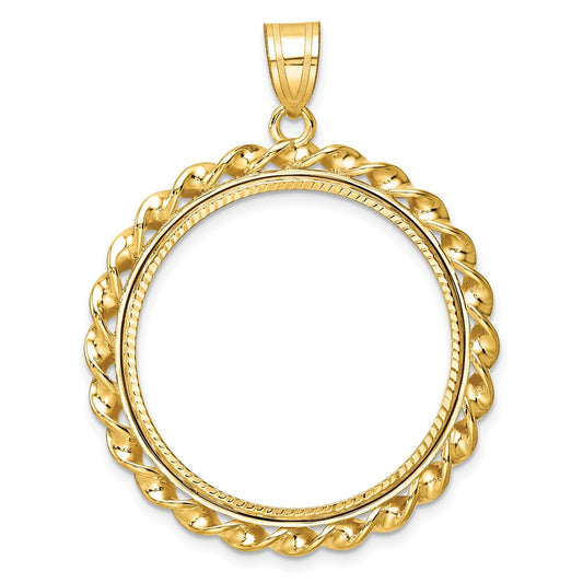 14k Twisted Wire & Diamond-cut 27.0mm Prong Coin Bezel Pendant