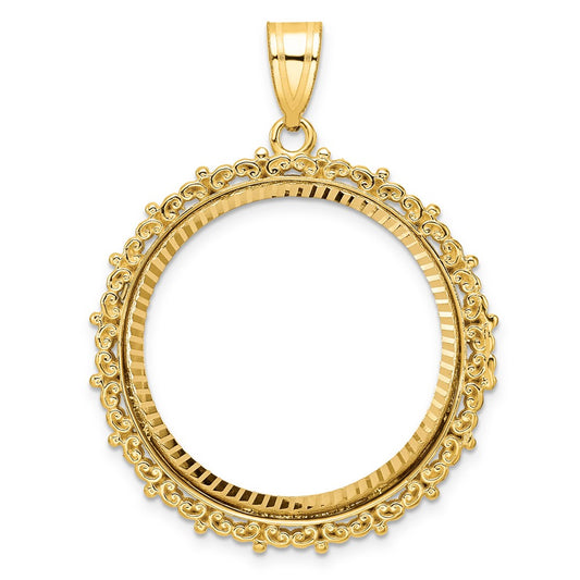 14k Polished & Diamond-cut Fancy 27.0mm Prong Coin Bezel Pendant