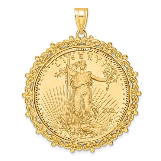 14ky 1oz Mounted American Eagle Coin Fancy Edge Diamond-cut Bezel Pendant