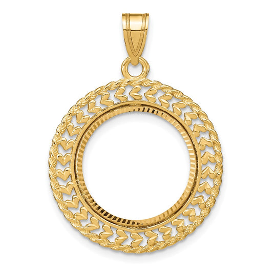 14k Polished & D/C Heart & Rope 16.5mm Prong Coin Bezel Pendant