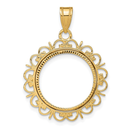 14k Polished and Diamond-cut Fancy 16.5mm Prong Coin Bezel Pendant