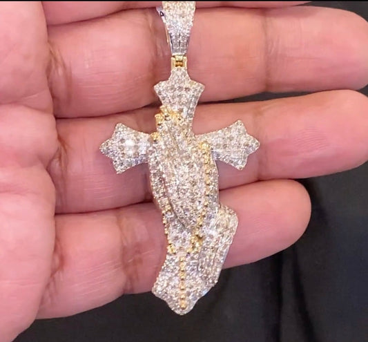 10K SOLID YELLOW GOLD 2.75 CARAT REAL DIAMOND 2.50" PRAYING HAND PENDANT CHARM