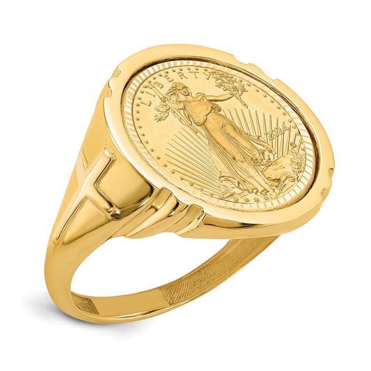 14k Men's D/C w/ Cross Sides Mounted 1/10oz AM Eagle Coin Bezel Ring