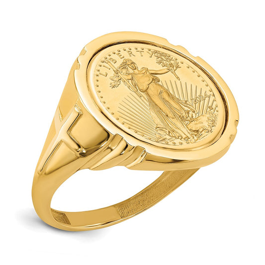 14k Men's Polished Cross Sides Mounted 1/10oz AM Eagle Coin Bezel Ring