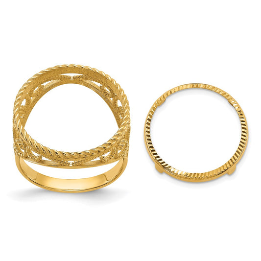 14k Ladies' D/C & Twisted Wire Scroll Design 16.5mm Coin Bezel Ring