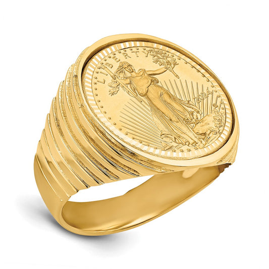 14k Men's D/C Ribbed Edge Mounted 1/10oz AM Eagle Coin Bezel Ring