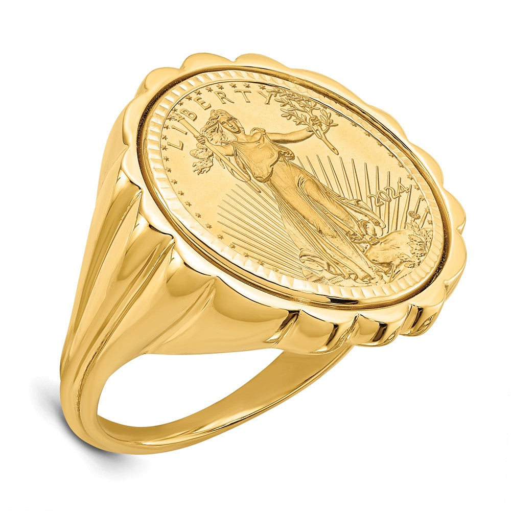 14k Ladies' Polished D/C Fluted Mounted 1/10oz AM Eagle Coin Bezel Ring