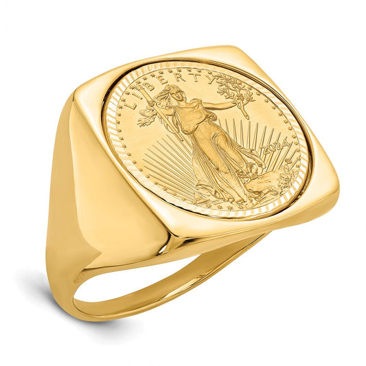 14k Men's Polished D/C Square Mounted 1/10oz AM Eagle Coin Bezel Ring