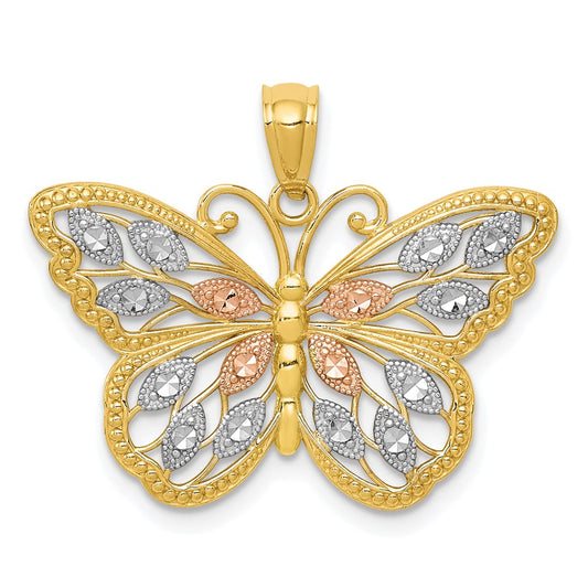 14k w/White and Rose Rhodium Diamond-cut Butterfly Pendant