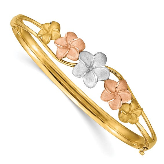 14k Tri-color Plumeria Hinged Bangle