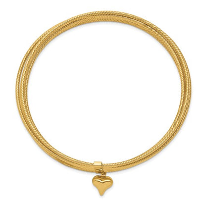 14K with Dangle Heart Oversized Slip-on Set of 7 Textured Bangles