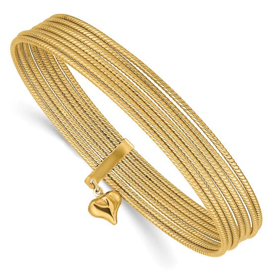 14K with Dangle Heart Oversized Slip-on Set of 7 Textured Bangles