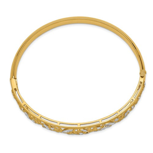 14K with White Rhodium Diamond-cut Graduated Hinged Bangle Bracelet