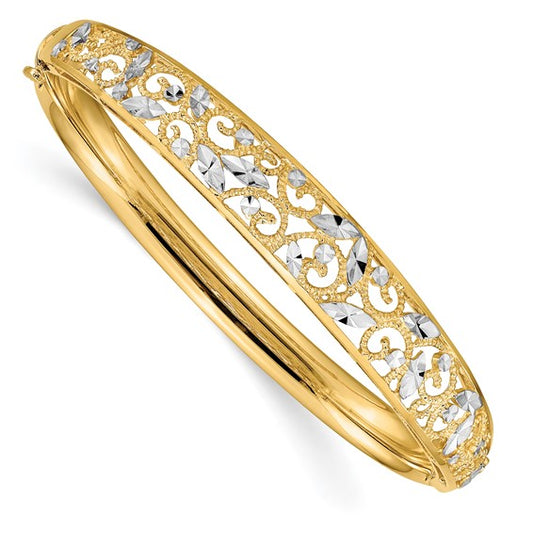 14K with White Rhodium Diamond-cut Graduated Hinged Bangle Bracelet