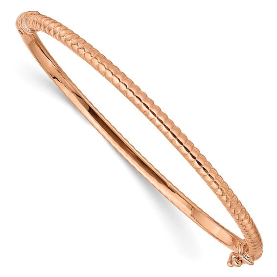 14K Rose Gold Polished Textured Hinged Bangle Bracelet