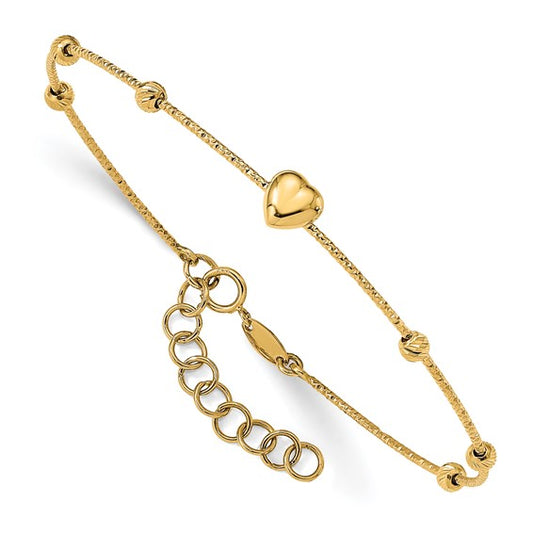 14K D/C Beads with Heart with 1in ext. Flexible Bangle Bracelet