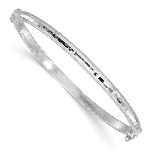 14K White Gold Diamond-cut and Laser-cut Hinged Bangle Bracelet