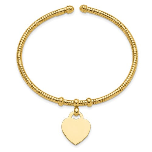 14K Polished and Textured Flexible Heart Dangle Bangle Bracelet