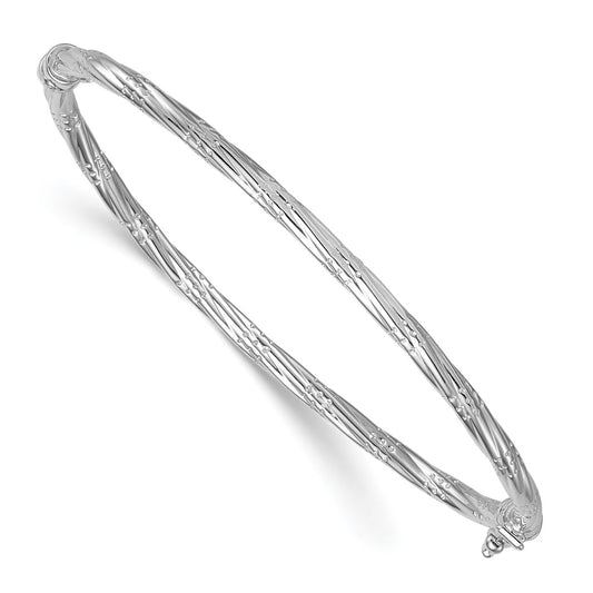 14K with White Rhodium Polished and Textured Twisted Hinged Bangle