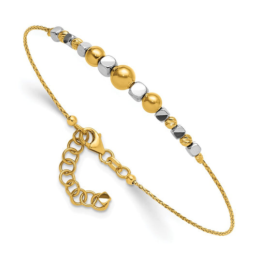 14K Two-Tone Polished Diamond-cut Beaded 7in w/1in ext. Bracelet