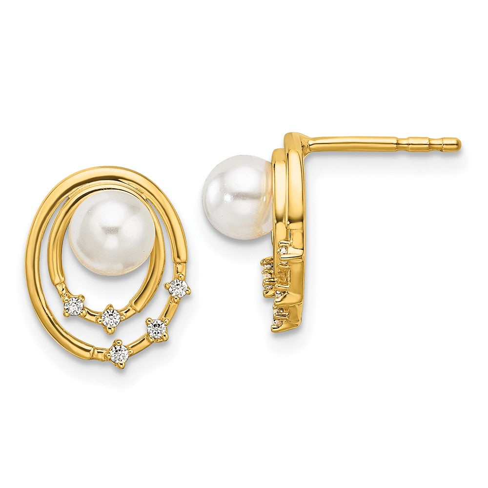 14K Polished Diamond and Pearl Ovals Drop Post Earrings