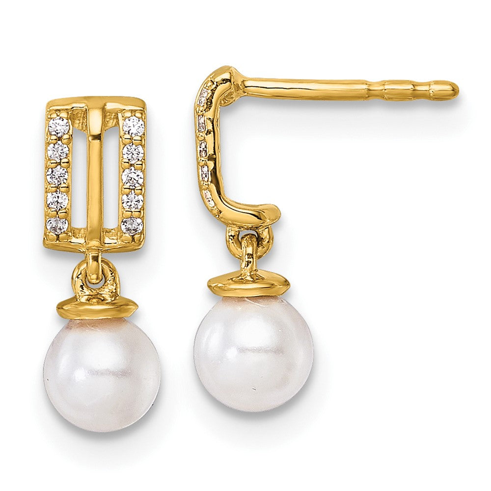 14K Polished Diamond and Pearl Dangle Post Earrings