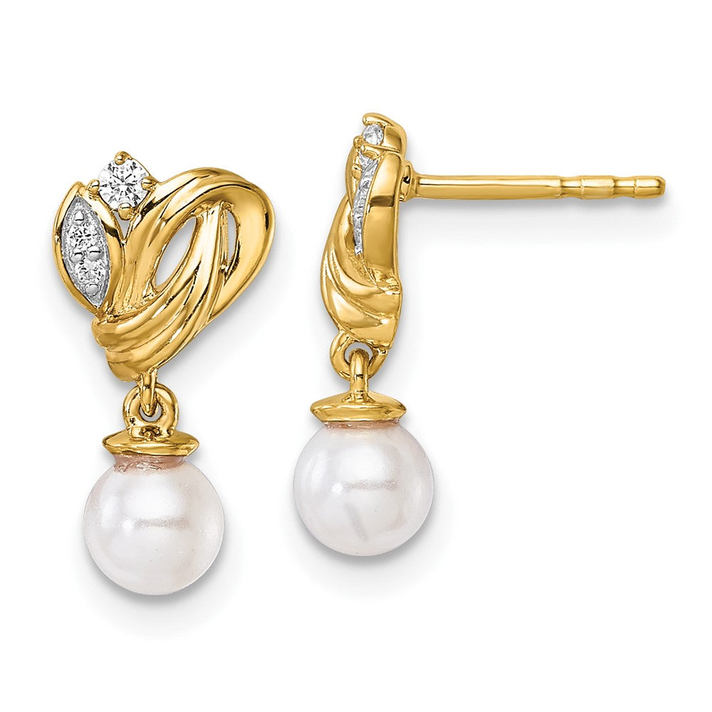 14K Polished Diamond and Pearl Dangle Post Earrings