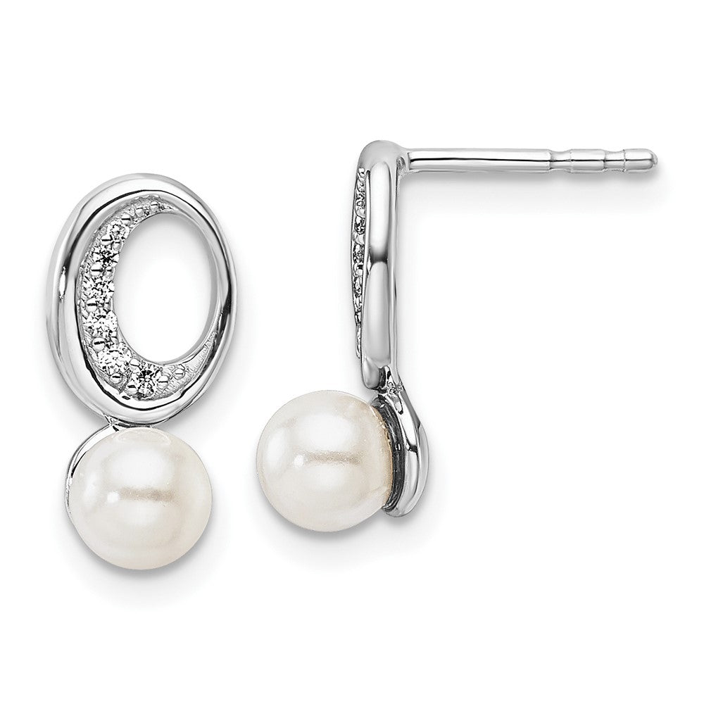 14K White Gold Polished Diamond and Pearl Drop Post Earrings