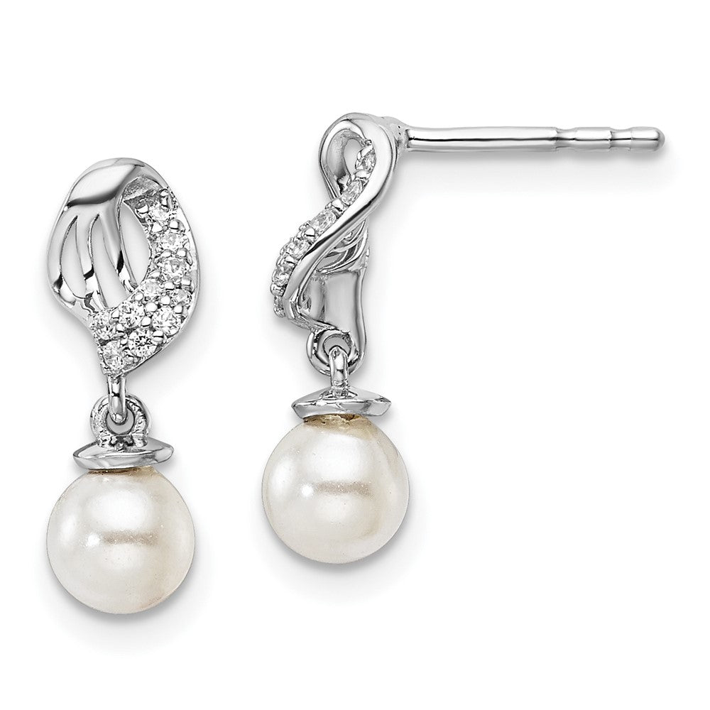 14K White Gold Polished Diamond and Pearl Dangle Post Earrings